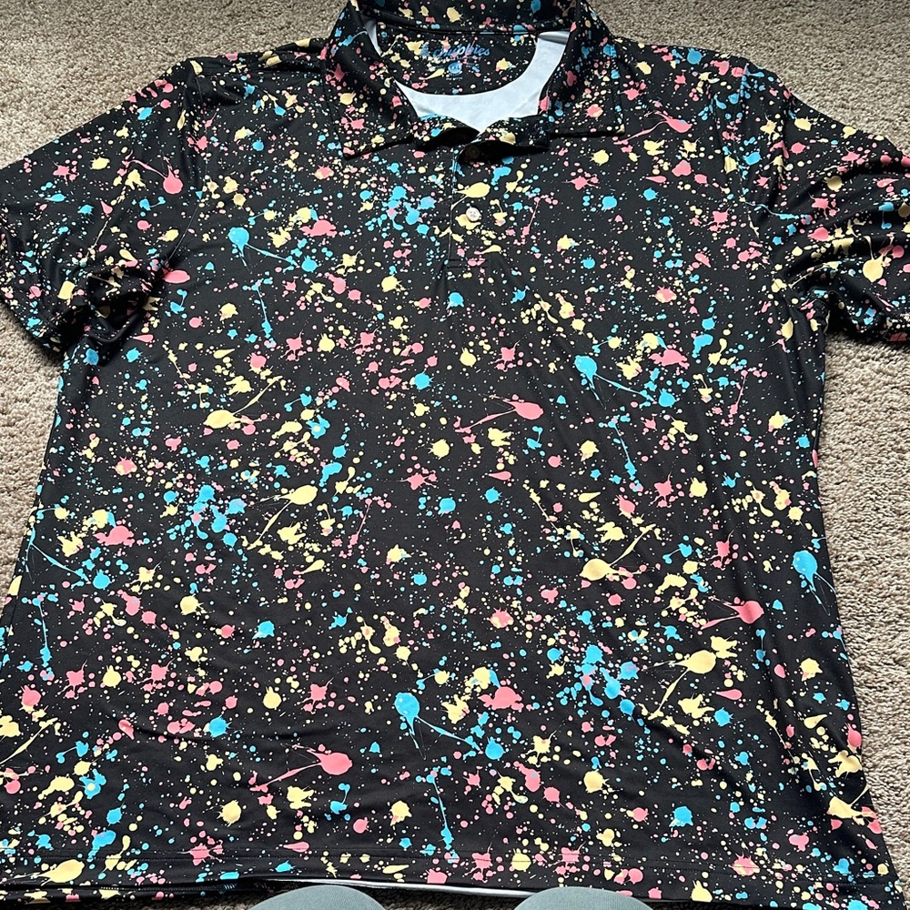 Men's Black Short-Sleeve Polo with Multicolor Paint-Splash Print